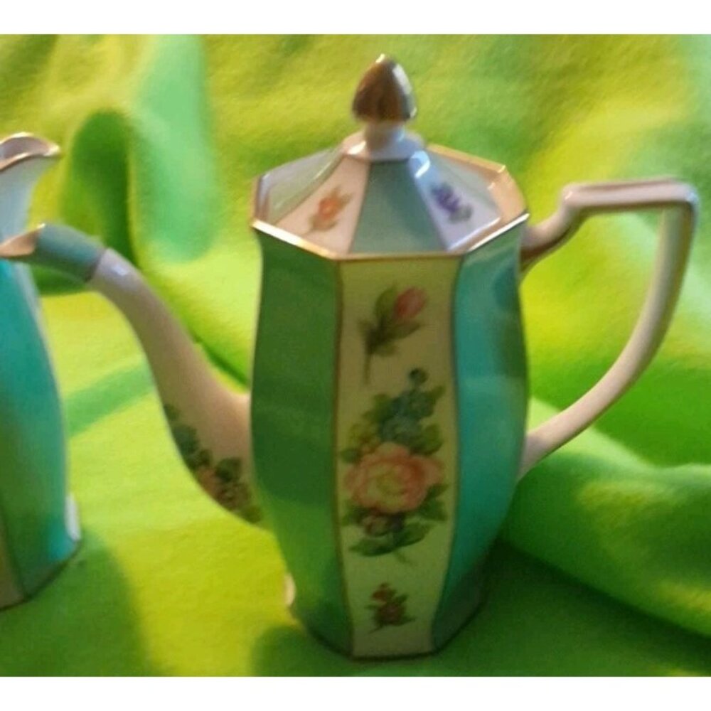 Beautiful Noritake Coffee And Tea Servers Green With Floral And Gold Trim Signed
